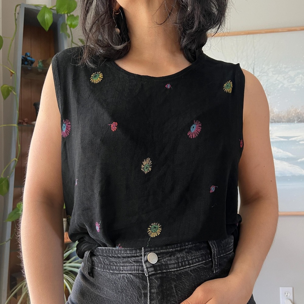 Vintage Slinky Top Black Embroidered Floral Sleeveless Blouse Minimalist Large - Picture 8 of 8
